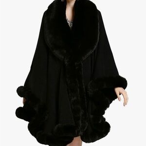 Elegant Black Faux Fur Trim Shawl